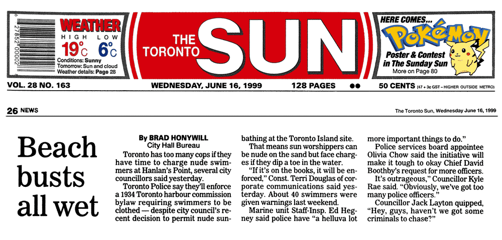 Toronto Sun 1999-06-16 p26 - Police harass swim
